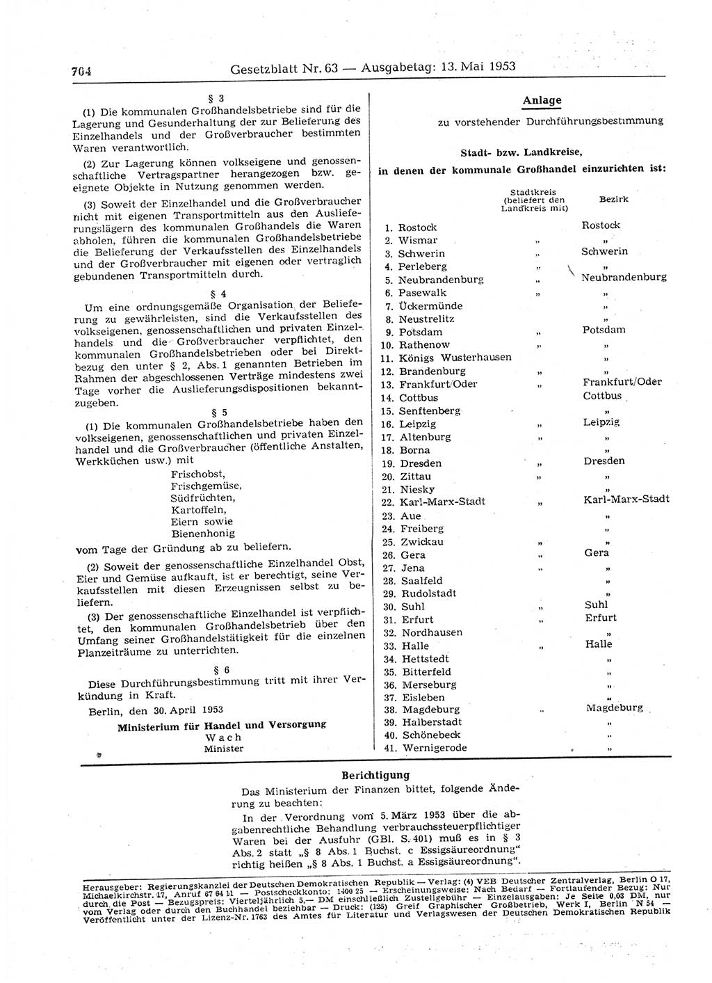 Gesetzblatt (GBl.) der Deutschen Demokratischen Republik (DDR) 1953, Seite 704 (GBl. DDR 1953, S. 704)