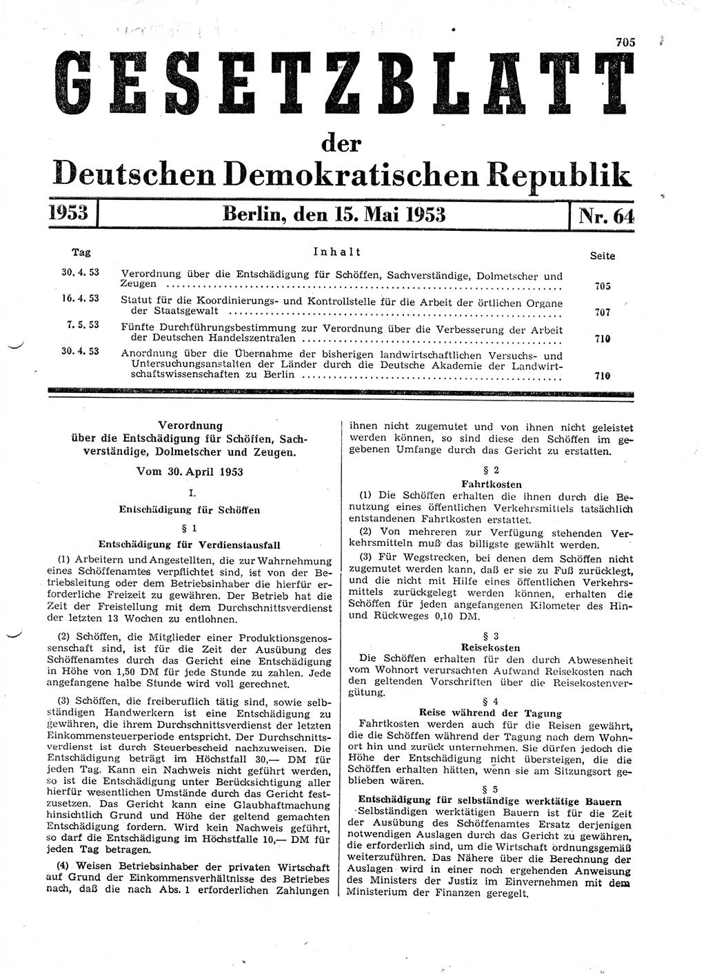 Gesetzblatt (GBl.) der Deutschen Demokratischen Republik (DDR) 1953, Seite 705 (GBl. DDR 1953, S. 705)