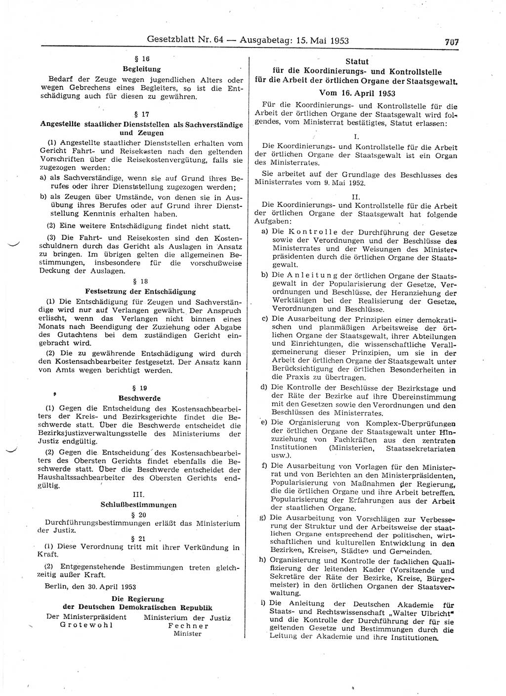 Gesetzblatt (GBl.) der Deutschen Demokratischen Republik (DDR) 1953, Seite 707 (GBl. DDR 1953, S. 707)