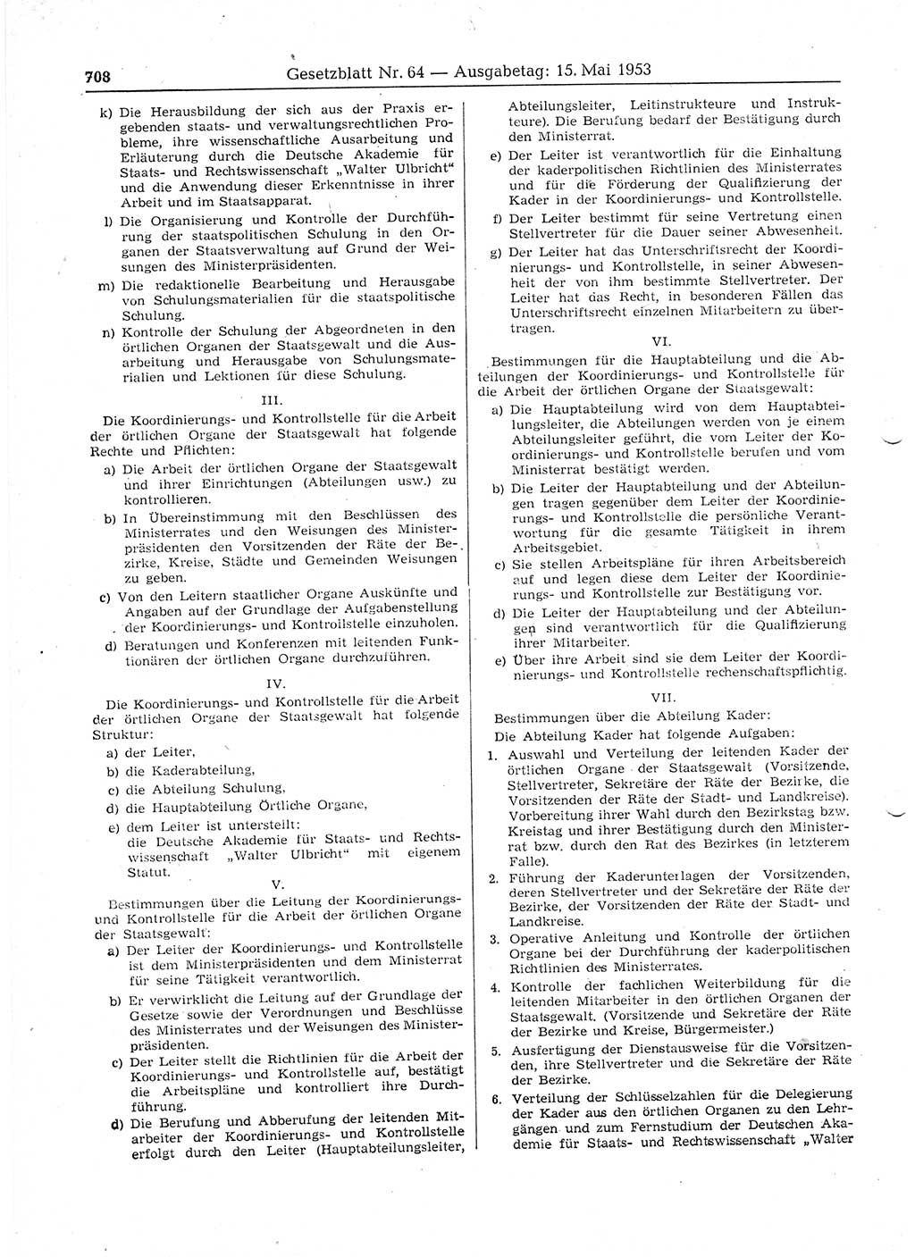 Gesetzblatt (GBl.) der Deutschen Demokratischen Republik (DDR) 1953, Seite 708 (GBl. DDR 1953, S. 708)