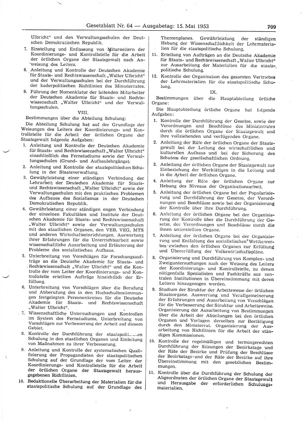 Gesetzblatt (GBl.) der Deutschen Demokratischen Republik (DDR) 1953, Seite 709 (GBl. DDR 1953, S. 709)