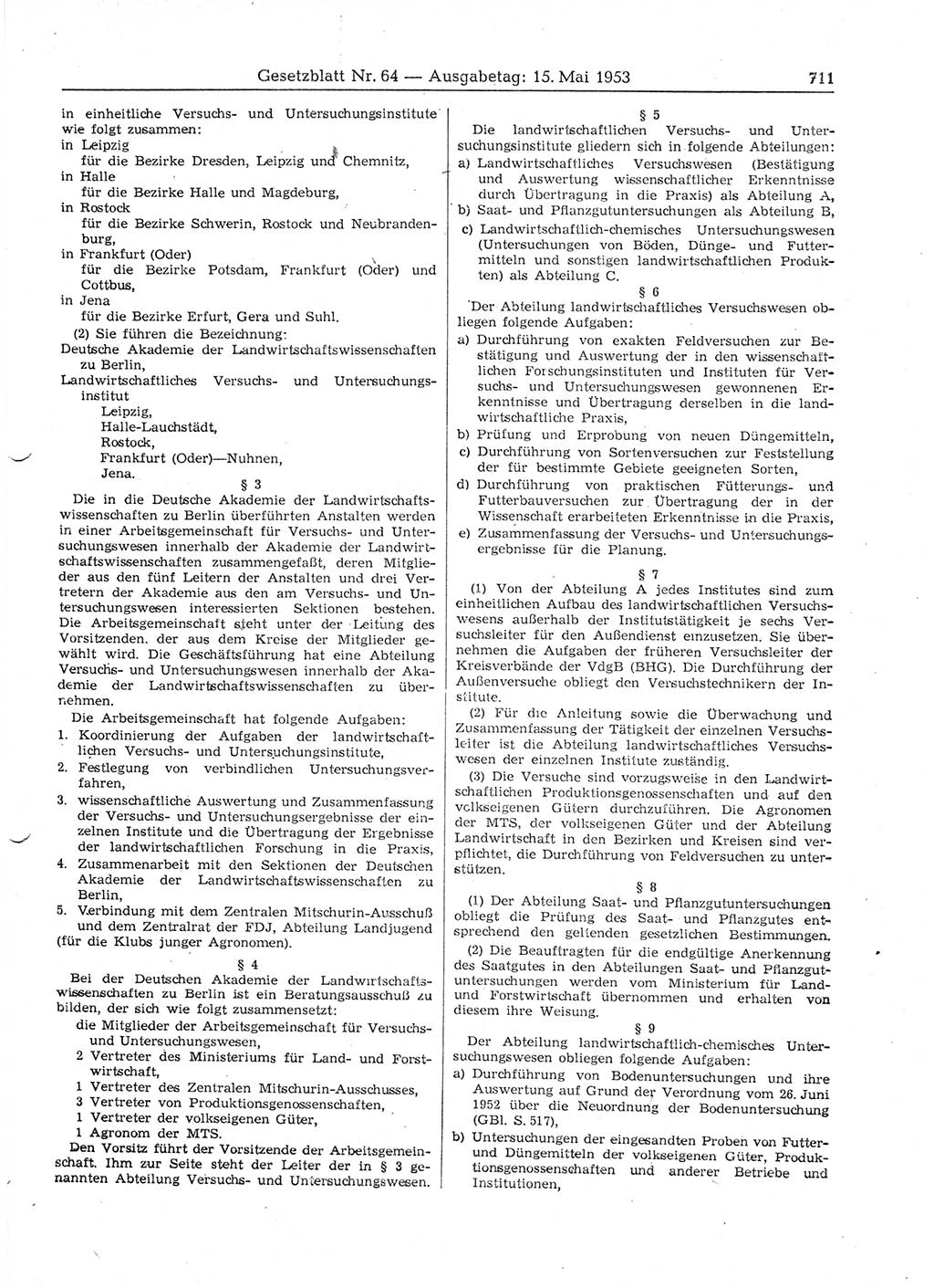 Gesetzblatt (GBl.) der Deutschen Demokratischen Republik (DDR) 1953, Seite 711 (GBl. DDR 1953, S. 711)