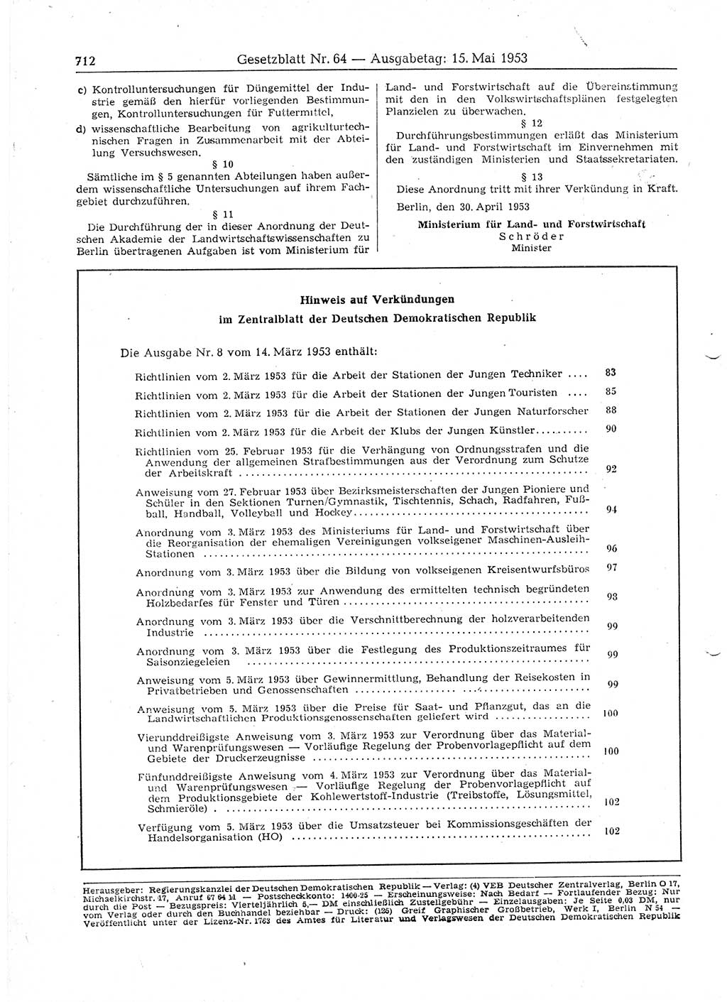 Gesetzblatt (GBl.) der Deutschen Demokratischen Republik (DDR) 1953, Seite 712 (GBl. DDR 1953, S. 712)