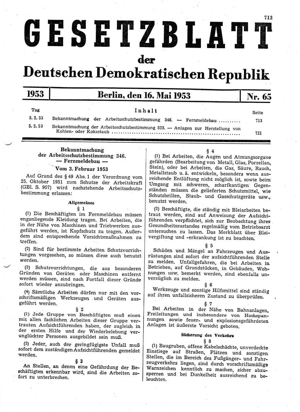 Gesetzblatt (GBl.) der Deutschen Demokratischen Republik (DDR) 1953, Seite 713 (GBl. DDR 1953, S. 713)