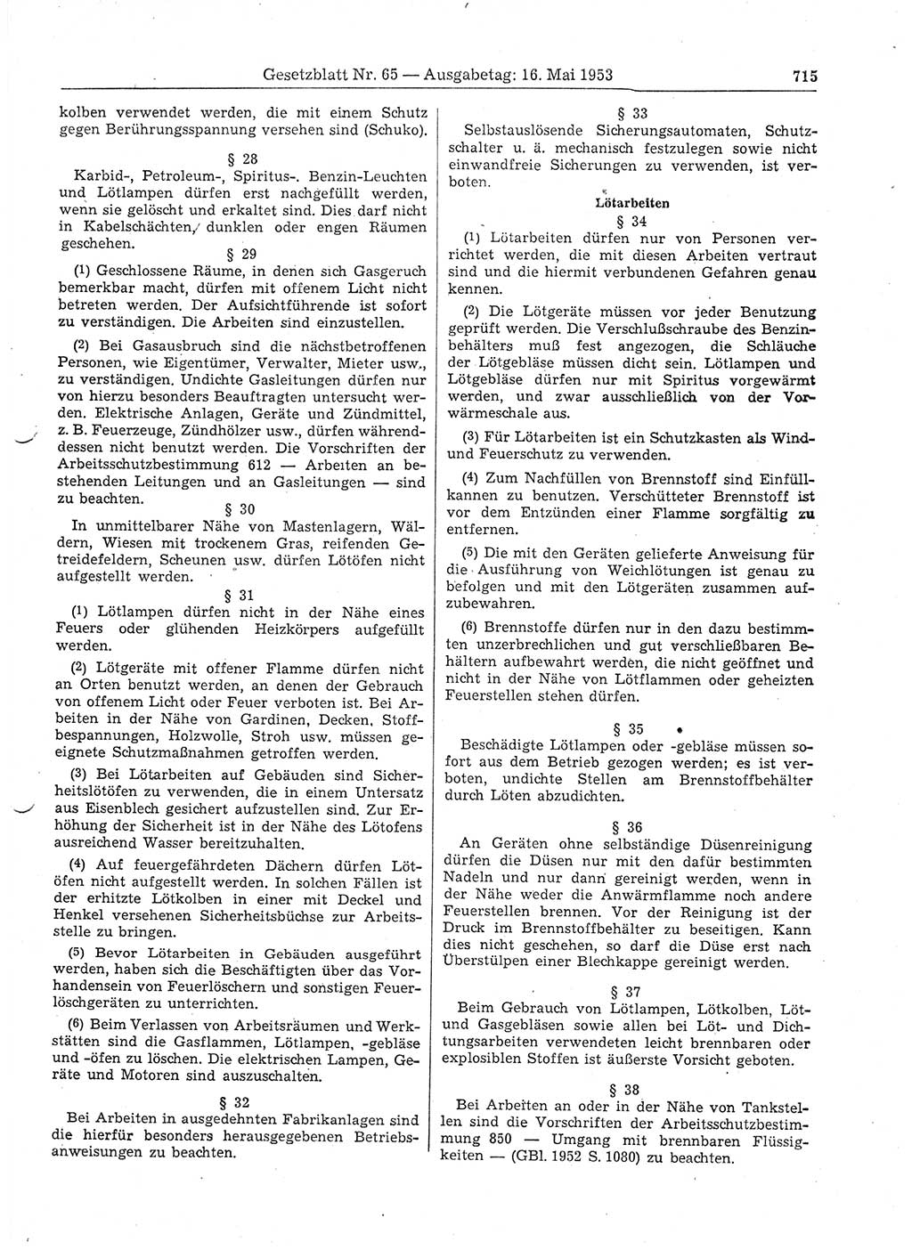 Gesetzblatt (GBl.) der Deutschen Demokratischen Republik (DDR) 1953, Seite 715 (GBl. DDR 1953, S. 715)