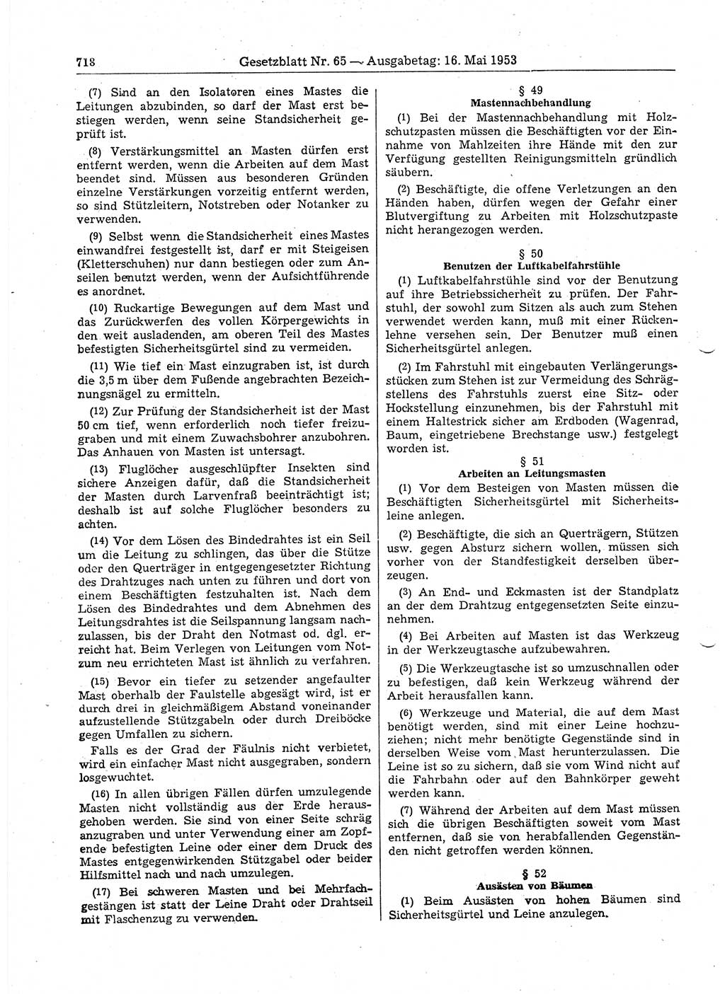 Gesetzblatt (GBl.) der Deutschen Demokratischen Republik (DDR) 1953, Seite 718 (GBl. DDR 1953, S. 718)