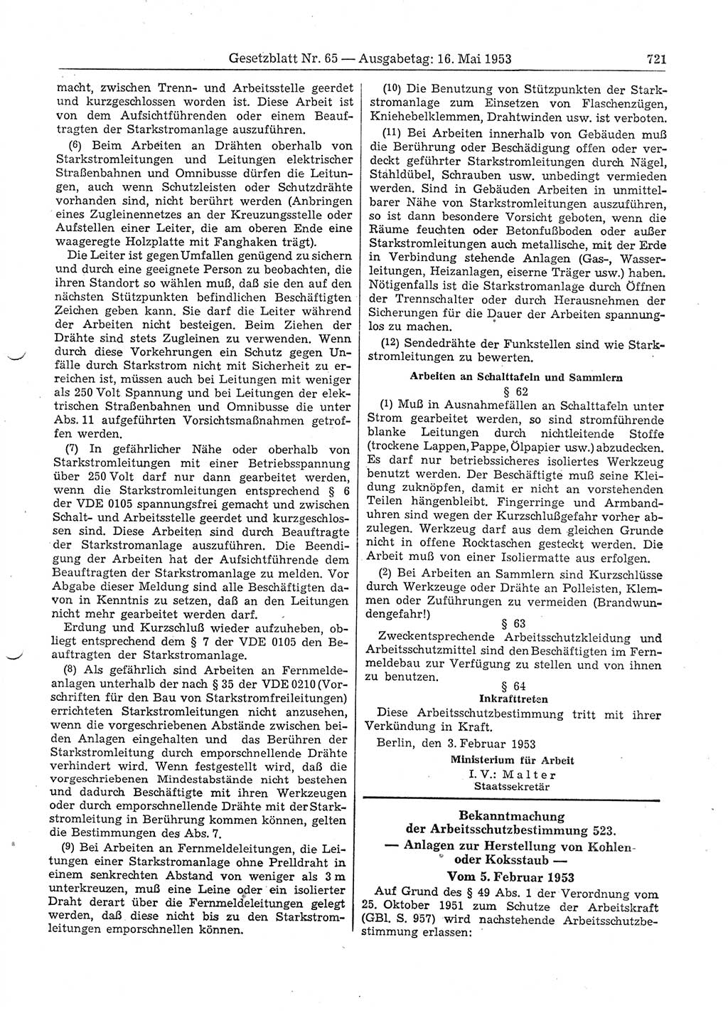 Gesetzblatt (GBl.) der Deutschen Demokratischen Republik (DDR) 1953, Seite 721 (GBl. DDR 1953, S. 721)