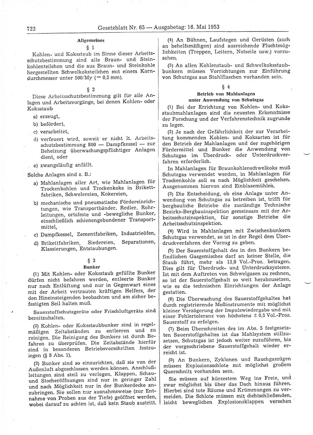 Gesetzblatt (GBl.) der Deutschen Demokratischen Republik (DDR) 1953, Seite 722 (GBl. DDR 1953, S. 722)