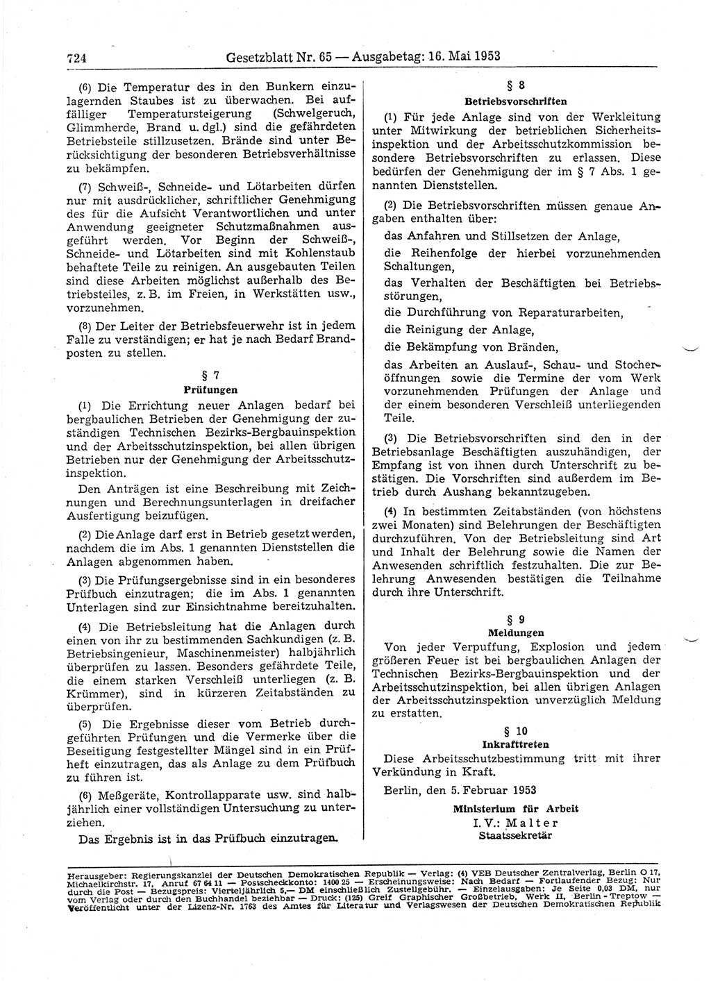 Gesetzblatt (GBl.) der Deutschen Demokratischen Republik (DDR) 1953, Seite 724 (GBl. DDR 1953, S. 724)