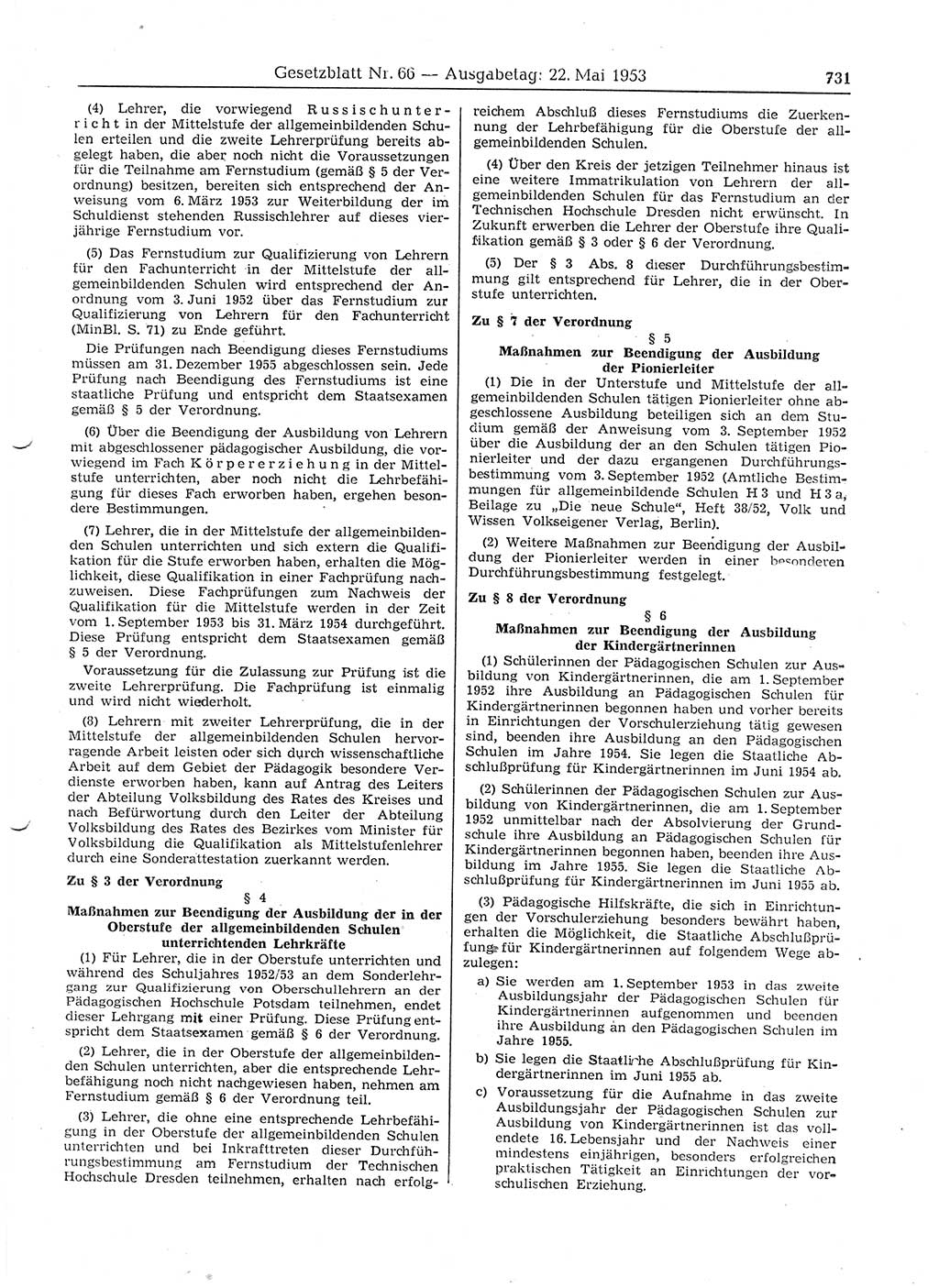 Gesetzblatt (GBl.) der Deutschen Demokratischen Republik (DDR) 1953, Seite 731 (GBl. DDR 1953, S. 731)