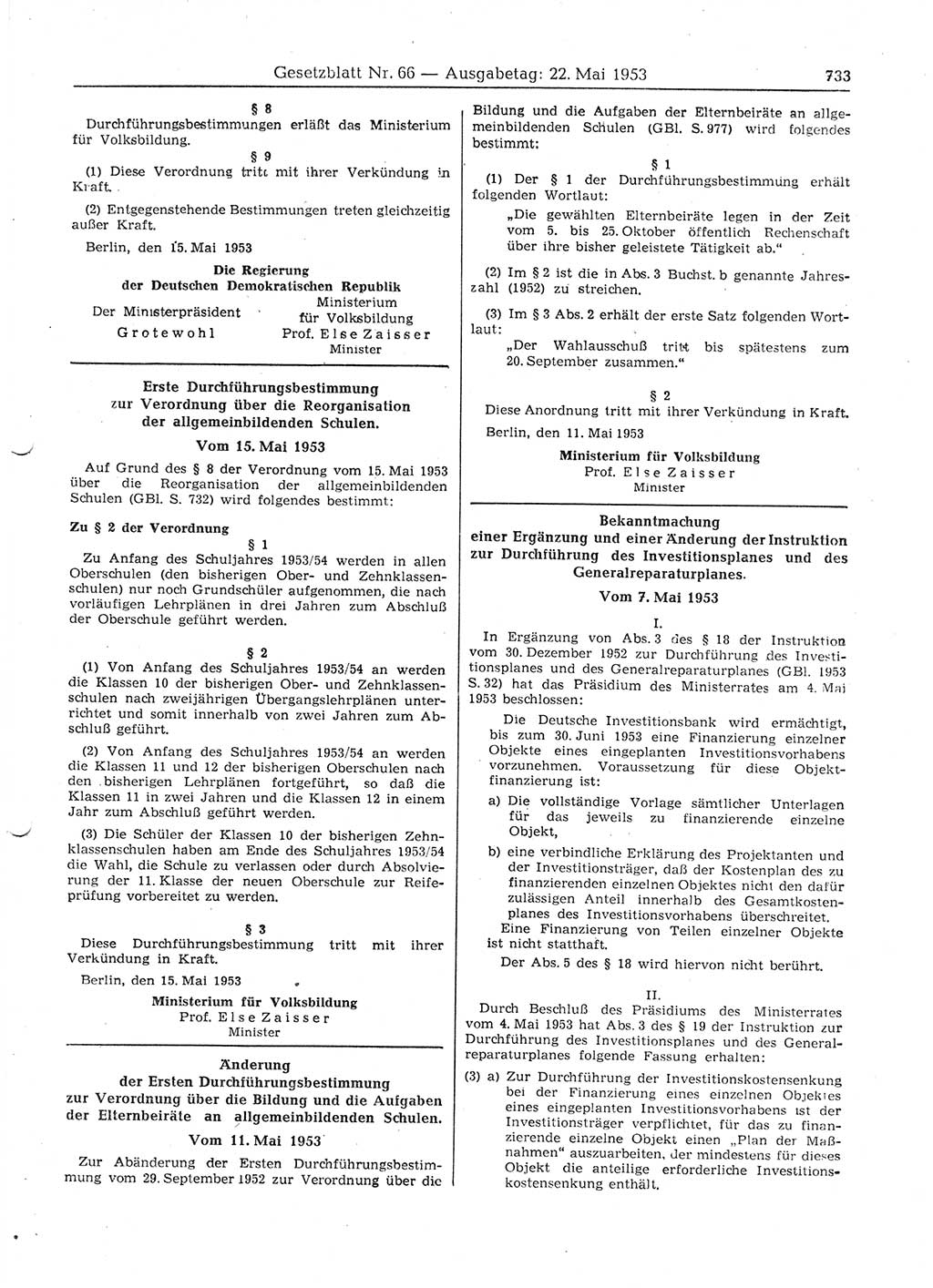 Gesetzblatt (GBl.) der Deutschen Demokratischen Republik (DDR) 1953, Seite 733 (GBl. DDR 1953, S. 733)