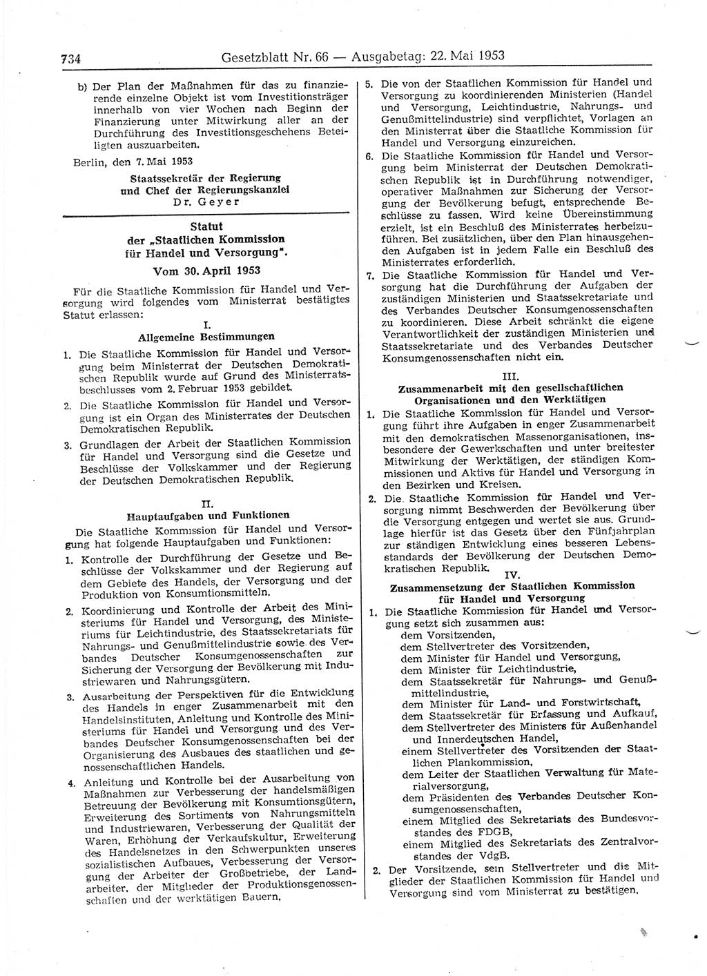 Gesetzblatt (GBl.) der Deutschen Demokratischen Republik (DDR) 1953, Seite 734 (GBl. DDR 1953, S. 734)