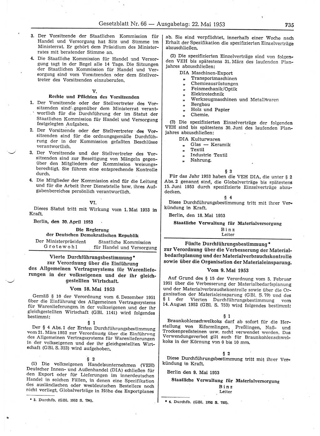 Gesetzblatt (GBl.) der Deutschen Demokratischen Republik (DDR) 1953, Seite 735 (GBl. DDR 1953, S. 735)