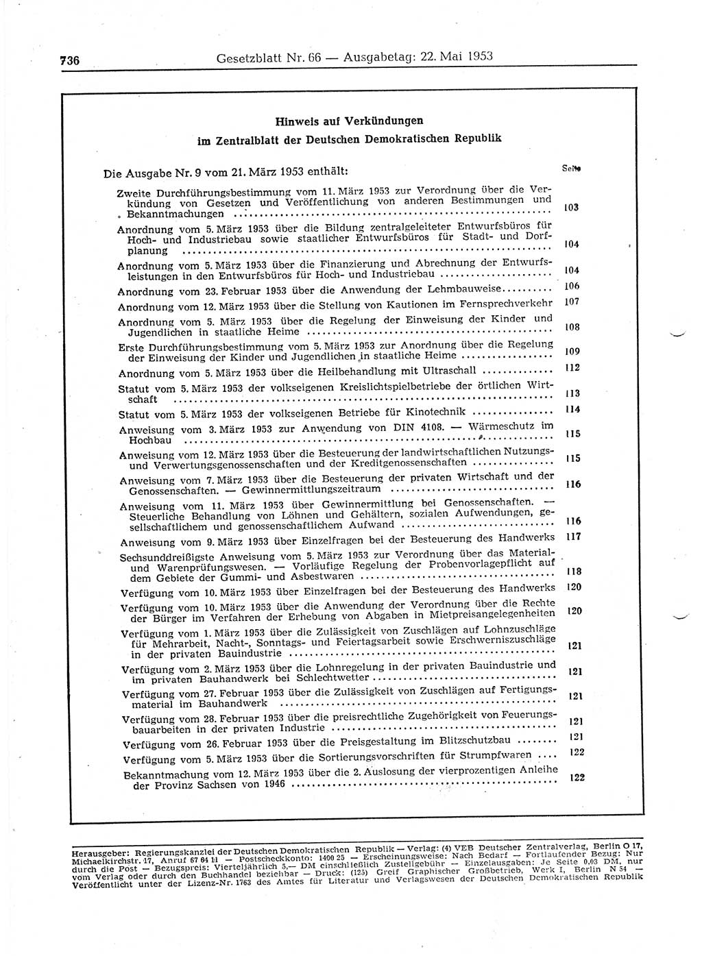 Gesetzblatt (GBl.) der Deutschen Demokratischen Republik (DDR) 1953, Seite 736 (GBl. DDR 1953, S. 736)