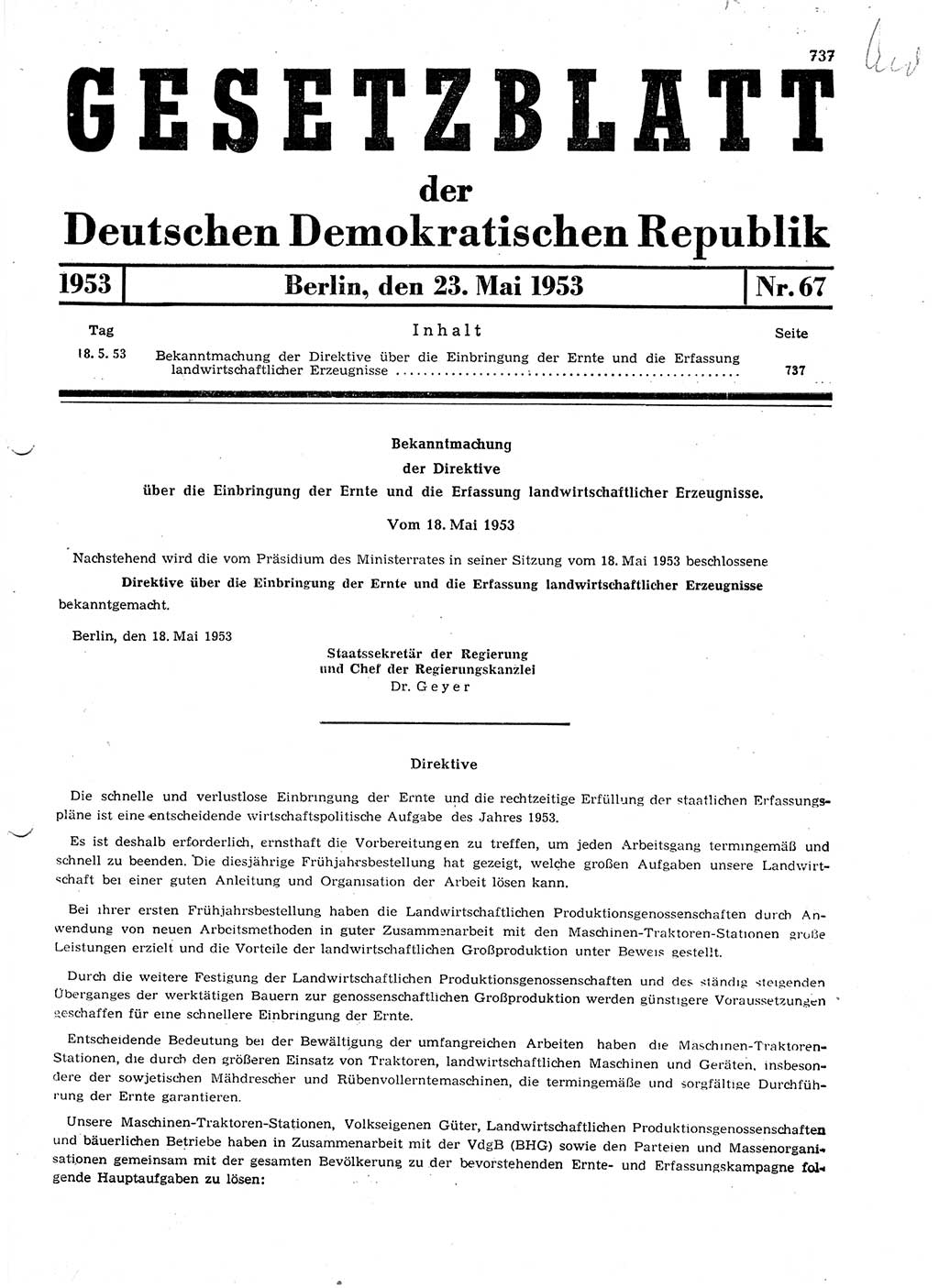 Gesetzblatt (GBl.) der Deutschen Demokratischen Republik (DDR) 1953, Seite 737 (GBl. DDR 1953, S. 737)