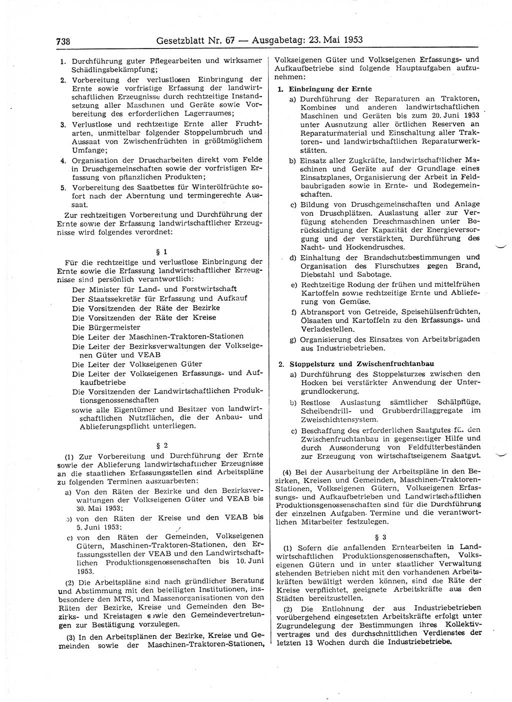 Gesetzblatt (GBl.) der Deutschen Demokratischen Republik (DDR) 1953, Seite 738 (GBl. DDR 1953, S. 738)