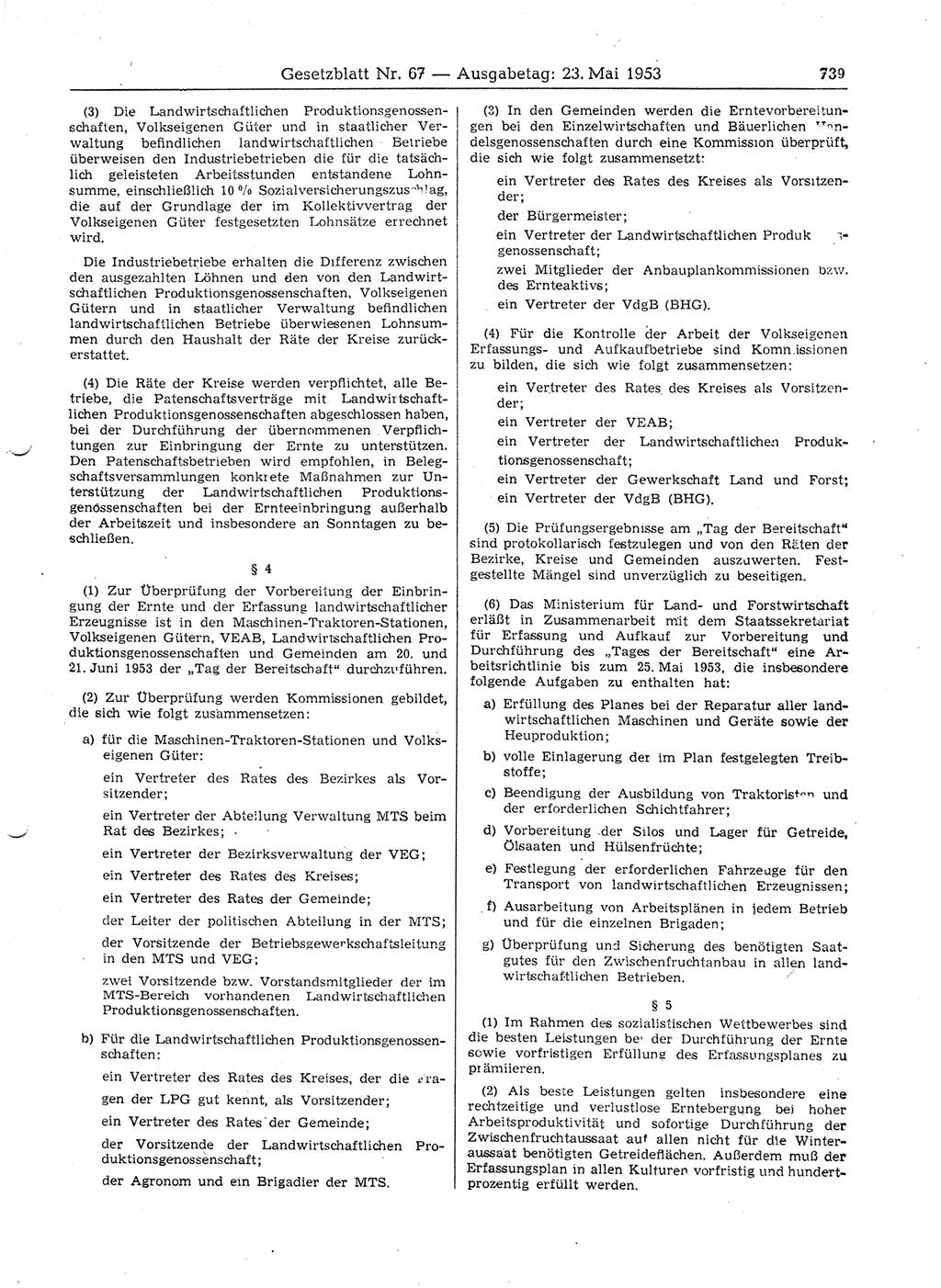 Gesetzblatt (GBl.) der Deutschen Demokratischen Republik (DDR) 1953, Seite 739 (GBl. DDR 1953, S. 739)