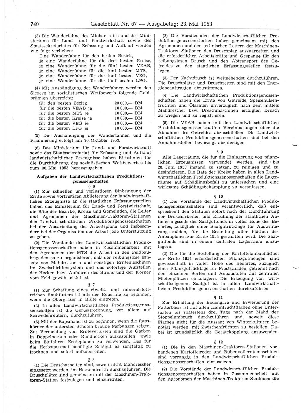 Gesetzblatt (GBl.) der Deutschen Demokratischen Republik (DDR) 1953, Seite 740 (GBl. DDR 1953, S. 740)
