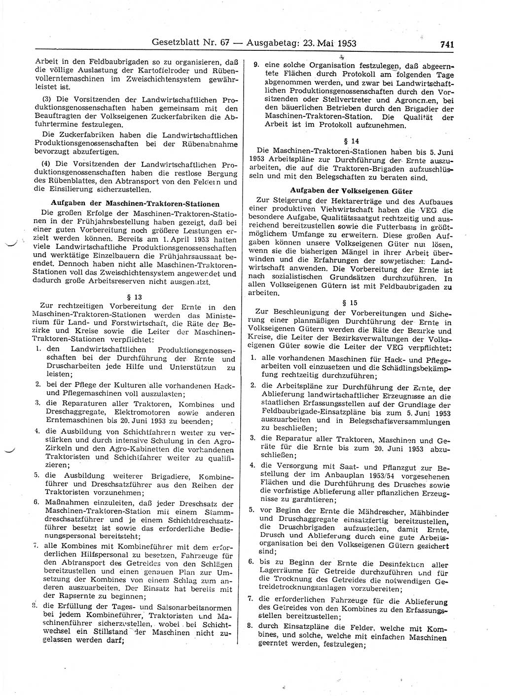 Gesetzblatt (GBl.) der Deutschen Demokratischen Republik (DDR) 1953, Seite 741 (GBl. DDR 1953, S. 741)