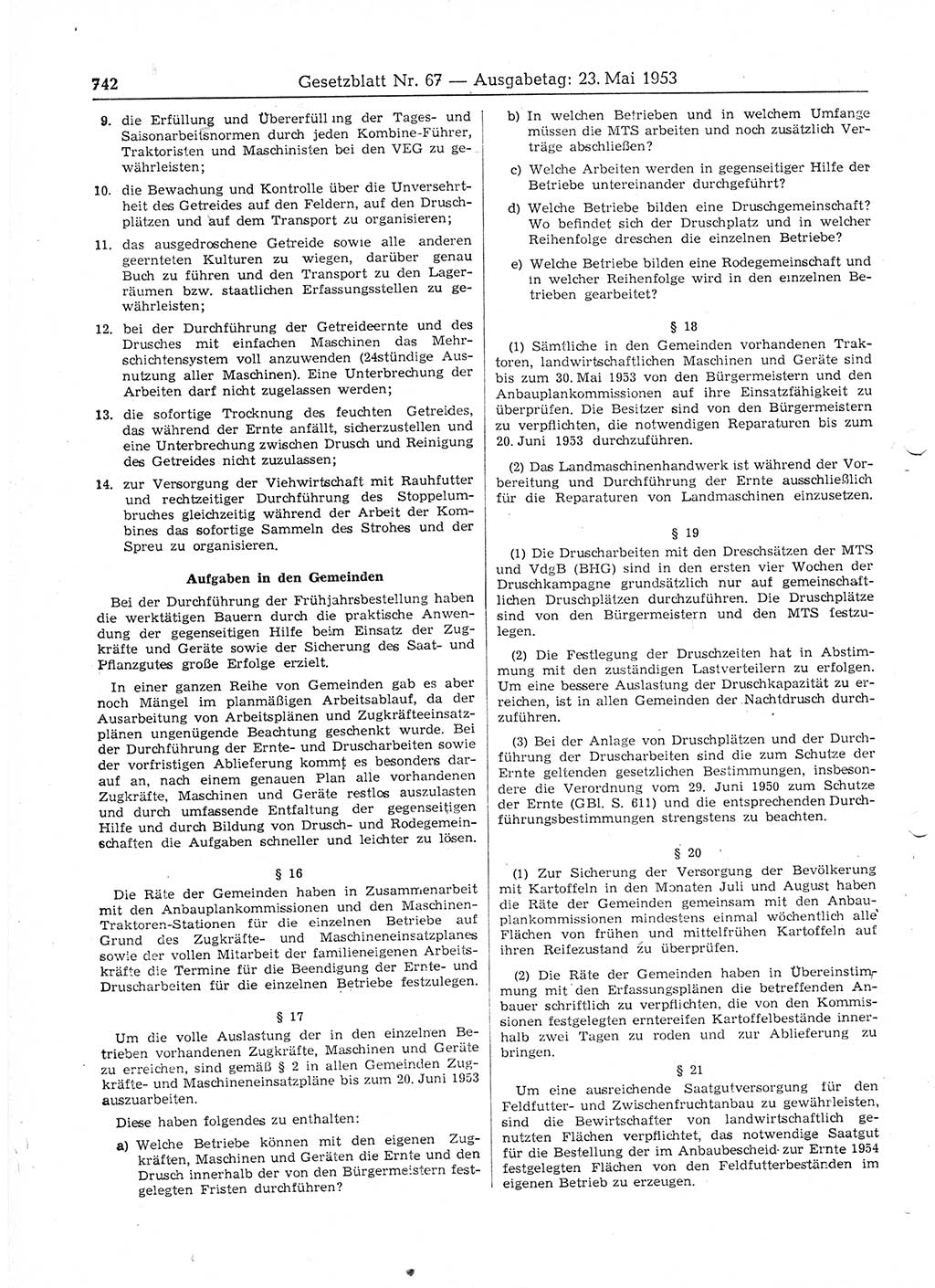 Gesetzblatt (GBl.) der Deutschen Demokratischen Republik (DDR) 1953, Seite 742 (GBl. DDR 1953, S. 742)
