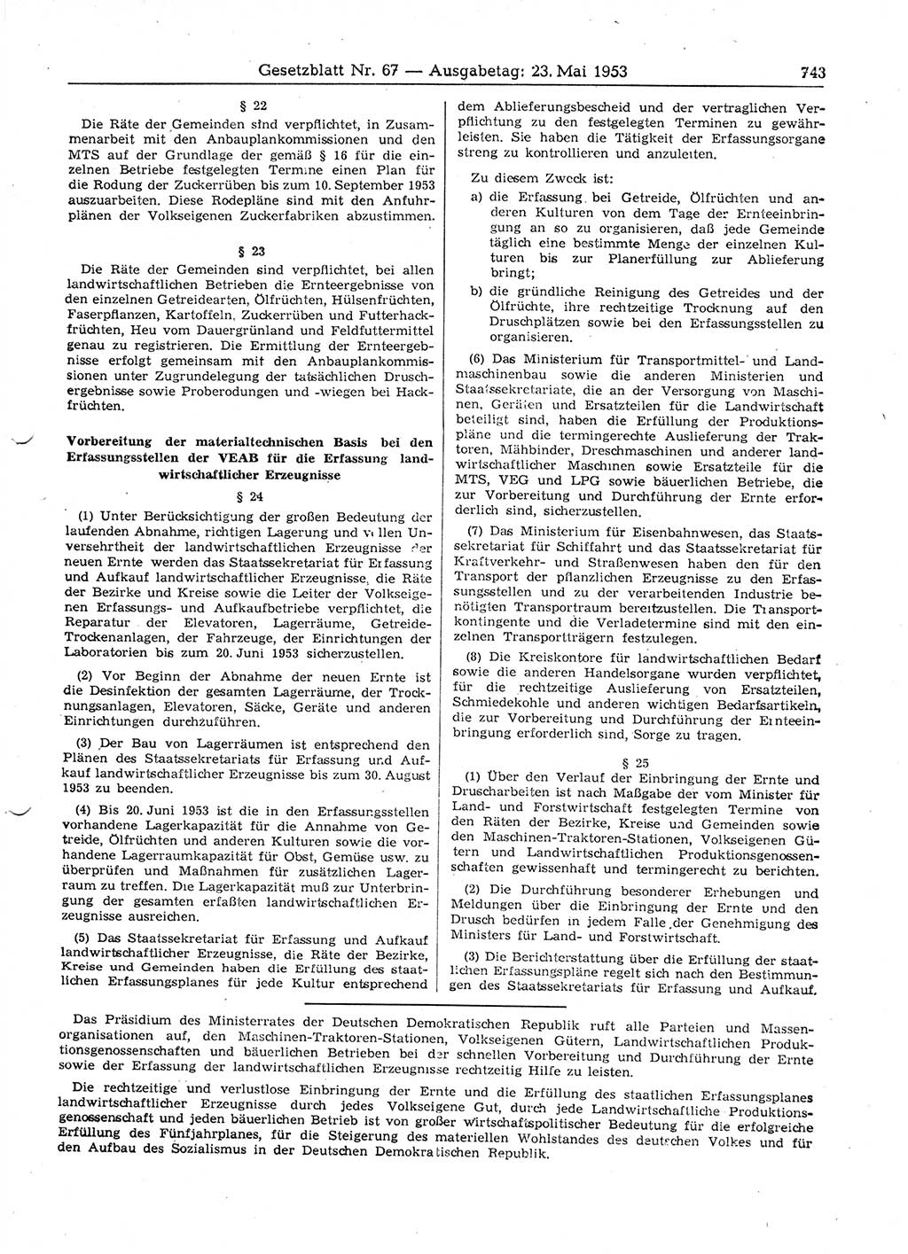 Gesetzblatt (GBl.) der Deutschen Demokratischen Republik (DDR) 1953, Seite 743 (GBl. DDR 1953, S. 743)