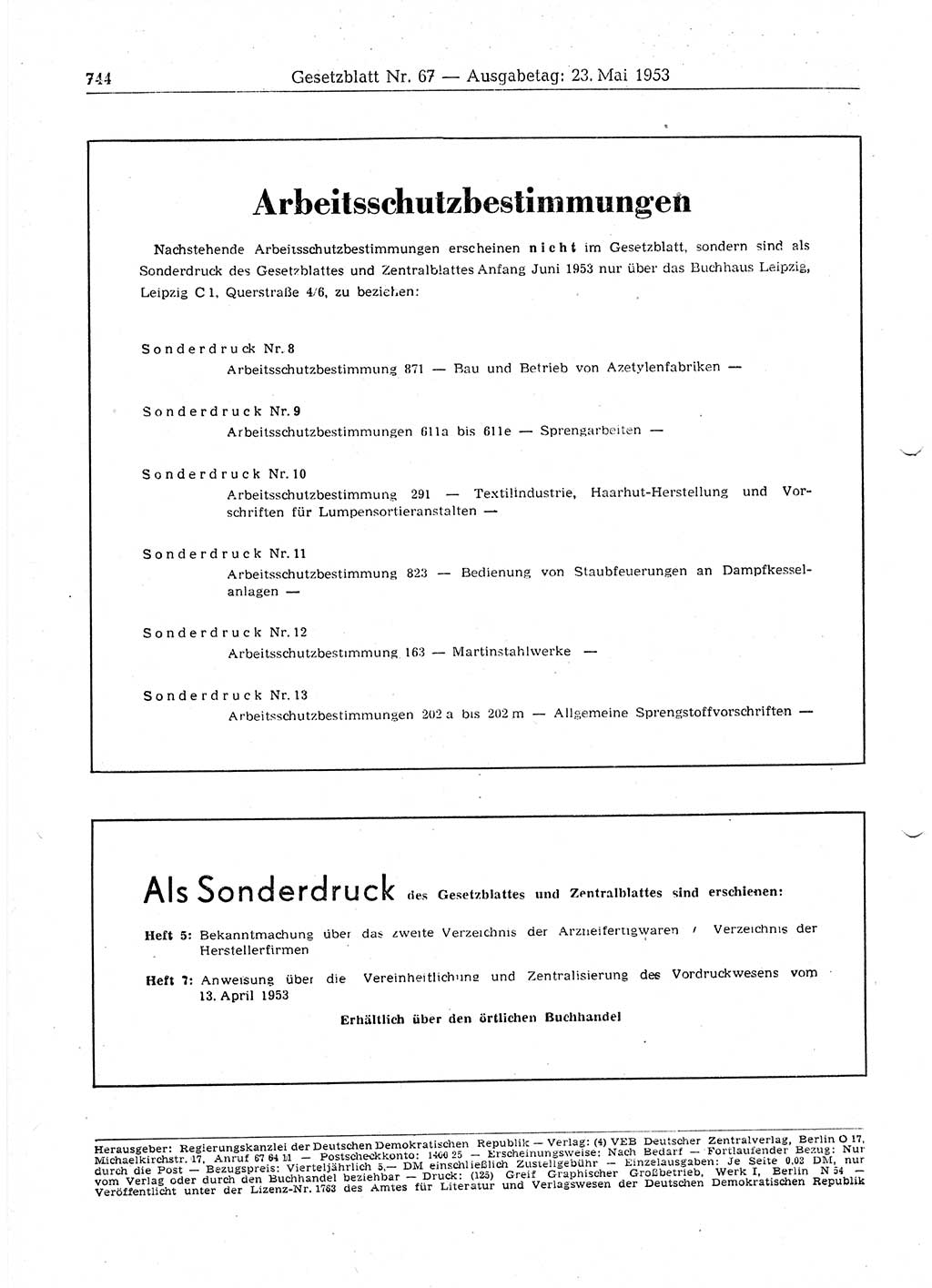 Gesetzblatt (GBl.) der Deutschen Demokratischen Republik (DDR) 1953, Seite 744 (GBl. DDR 1953, S. 744)