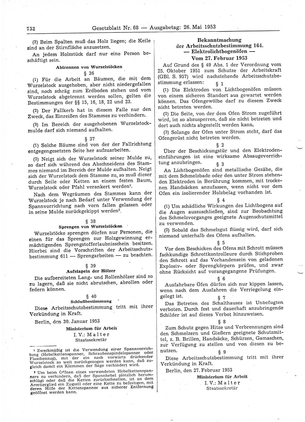 Gesetzblatt (GBl.) der Deutschen Demokratischen Republik (DDR) 1953, Seite 752 (GBl. DDR 1953, S. 752)