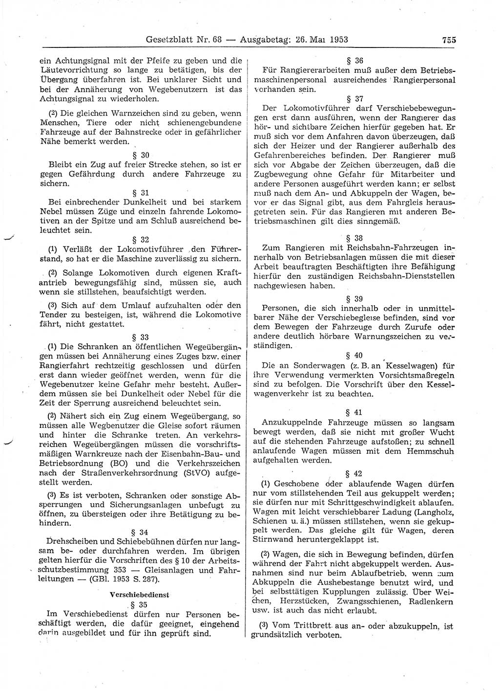 Gesetzblatt (GBl.) der Deutschen Demokratischen Republik (DDR) 1953, Seite 755 (GBl. DDR 1953, S. 755)