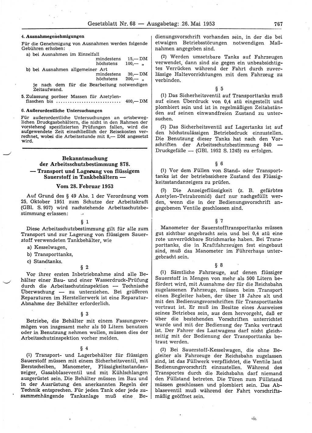 Gesetzblatt (GBl.) der Deutschen Demokratischen Republik (DDR) 1953, Seite 767 (GBl. DDR 1953, S. 767)