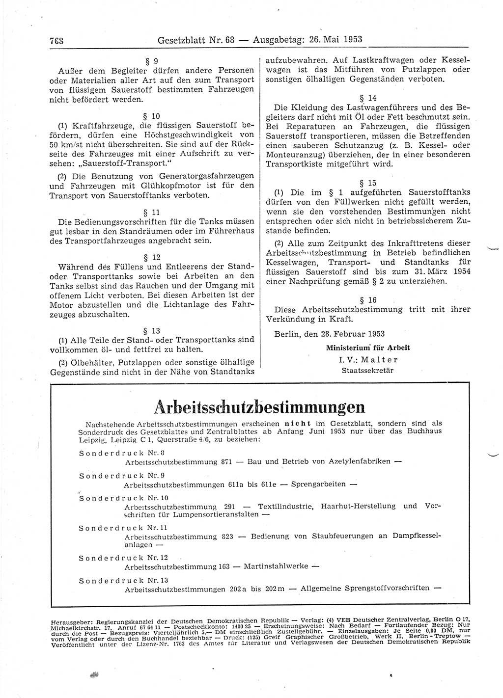 Gesetzblatt (GBl.) der Deutschen Demokratischen Republik (DDR) 1953, Seite 768 (GBl. DDR 1953, S. 768)