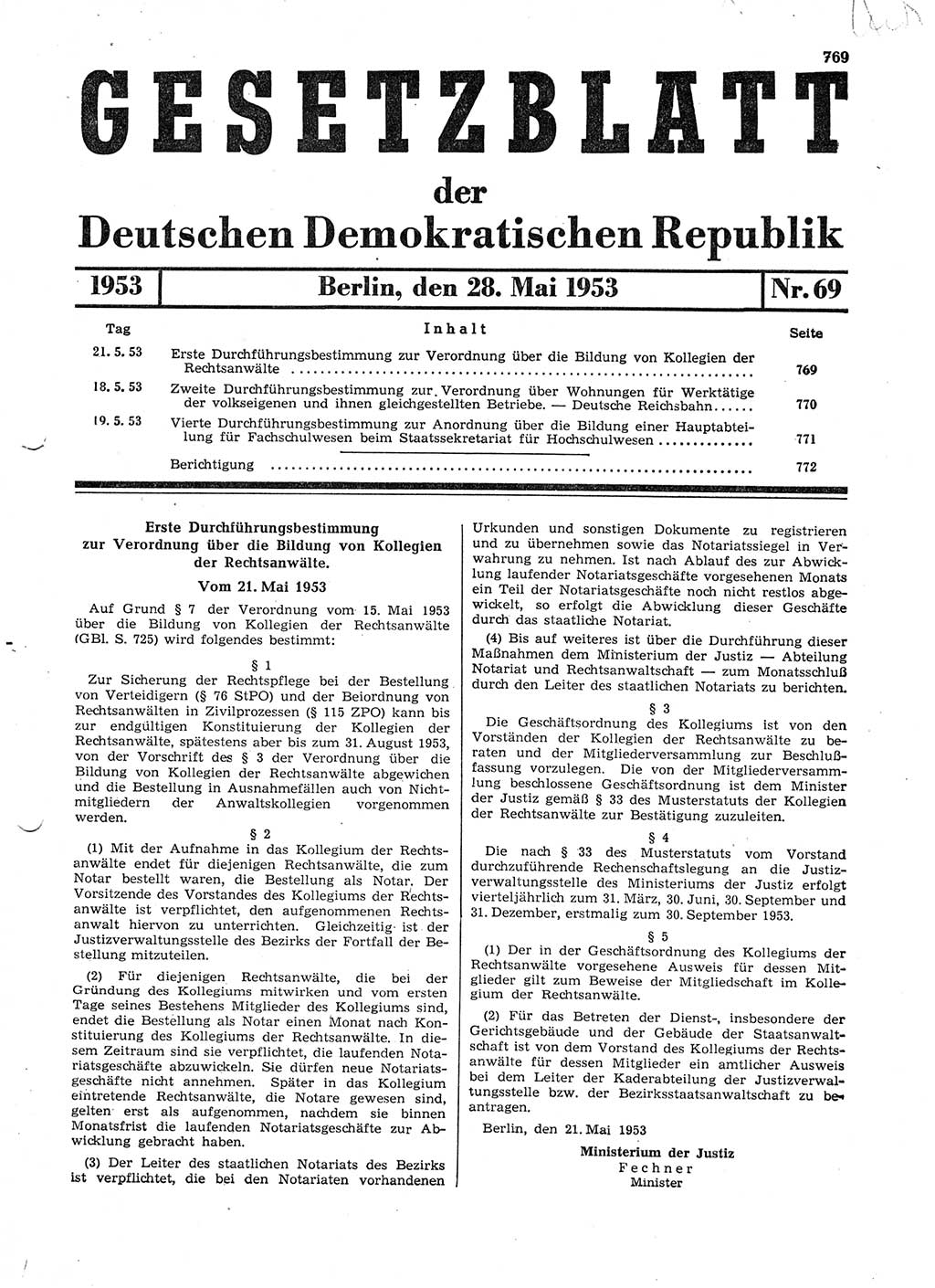 Gesetzblatt (GBl.) der Deutschen Demokratischen Republik (DDR) 1953, Seite 769 (GBl. DDR 1953, S. 769)