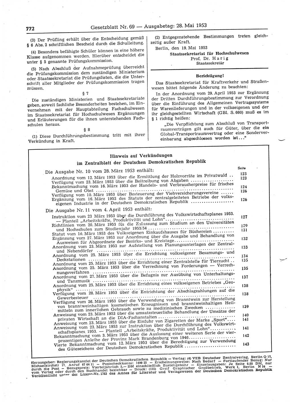 Gesetzblatt (GBl.) der Deutschen Demokratischen Republik (DDR) 1953, Seite 772 (GBl. DDR 1953, S. 772)