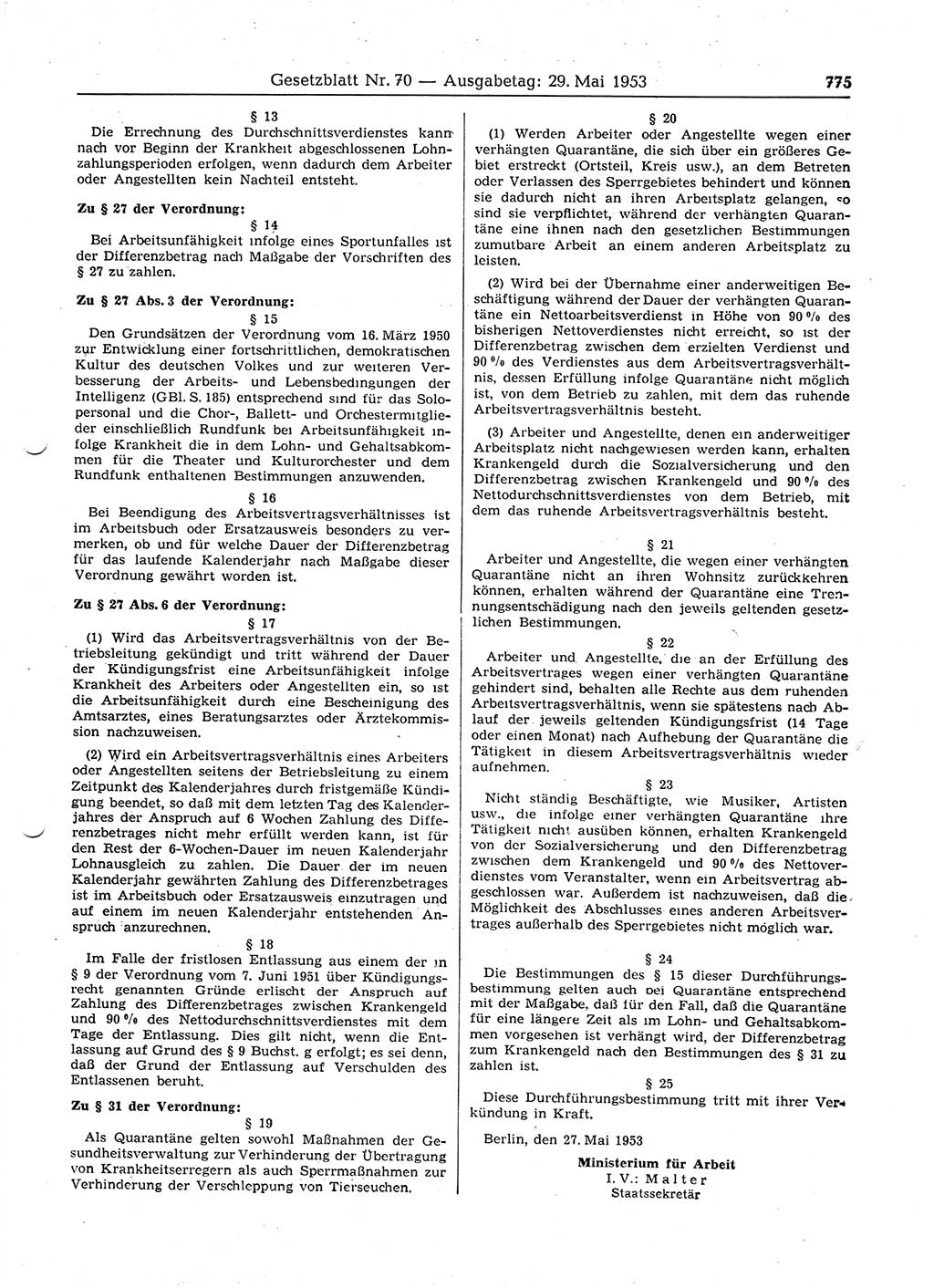 Gesetzblatt (GBl.) der Deutschen Demokratischen Republik (DDR) 1953, Seite 775 (GBl. DDR 1953, S. 775)