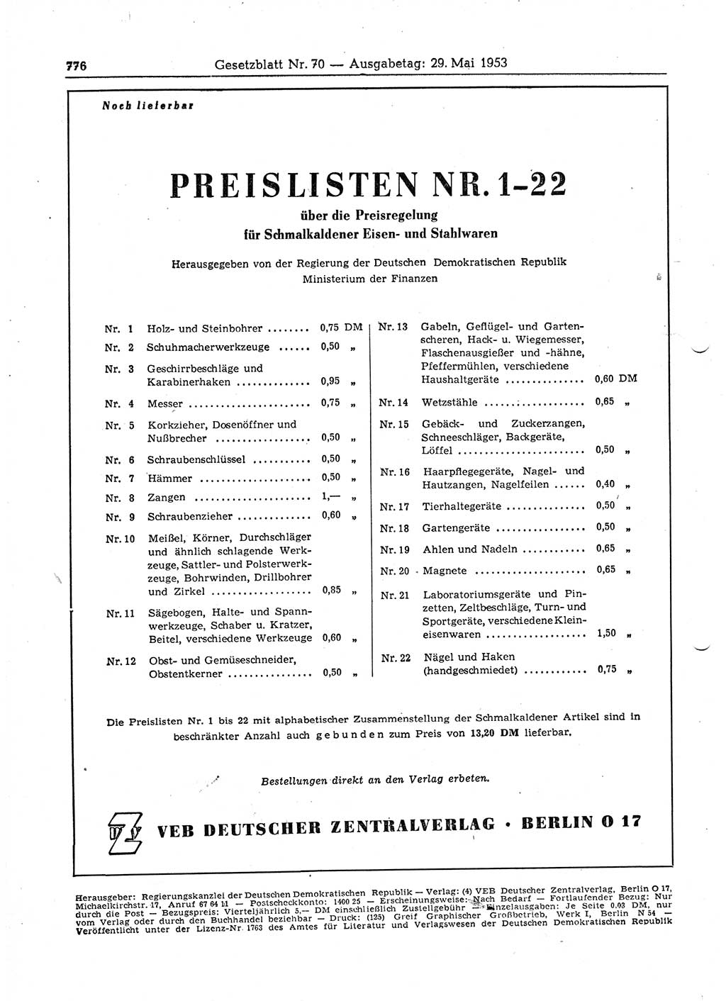 Gesetzblatt (GBl.) der Deutschen Demokratischen Republik (DDR) 1953, Seite 776 (GBl. DDR 1953, S. 776)