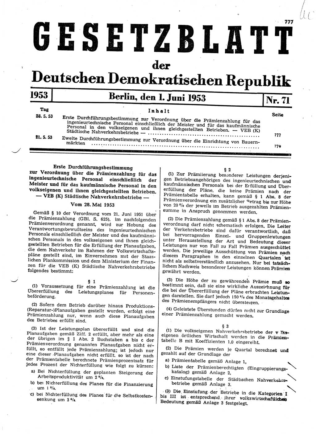 Gesetzblatt (GBl.) der Deutschen Demokratischen Republik (DDR) 1953, Seite 777 (GBl. DDR 1953, S. 777)