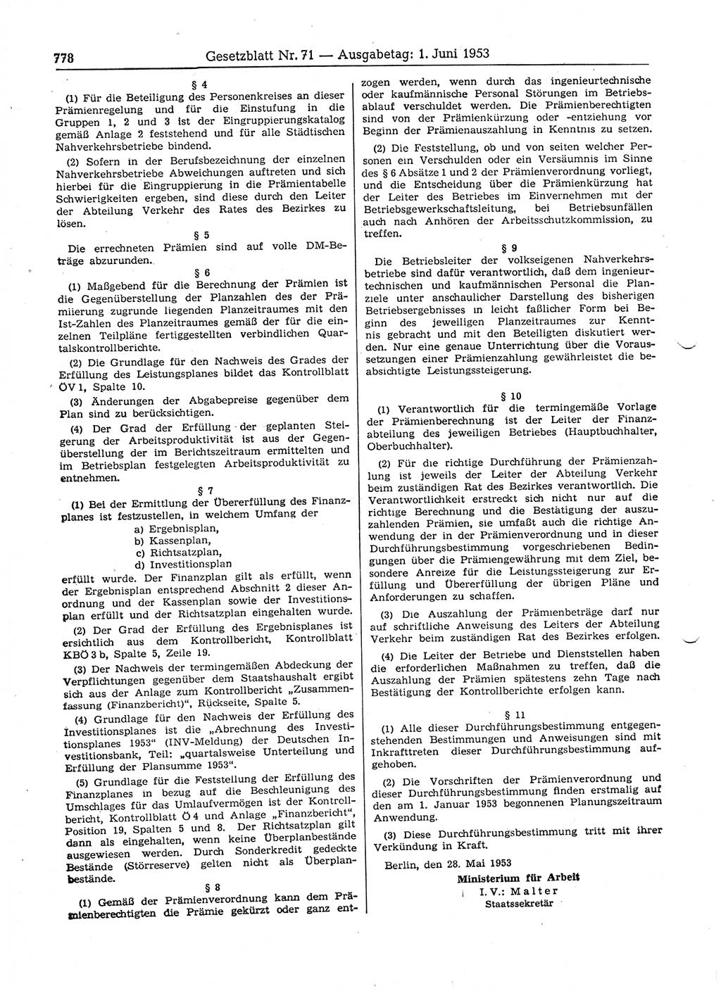 Gesetzblatt (GBl.) der Deutschen Demokratischen Republik (DDR) 1953, Seite 778 (GBl. DDR 1953, S. 778)