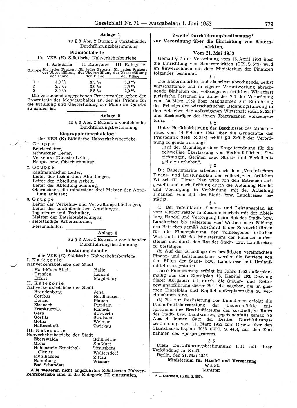 Gesetzblatt (GBl.) der Deutschen Demokratischen Republik (DDR) 1953, Seite 779 (GBl. DDR 1953, S. 779)