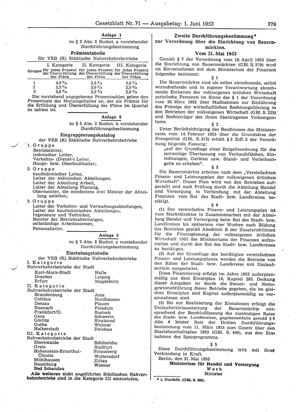 Gesetzblatt (GBl.) der Deutschen Demokratischen Republik (DDR) 1953, Seite 779 (GBl. DDR 1953, S. 779)