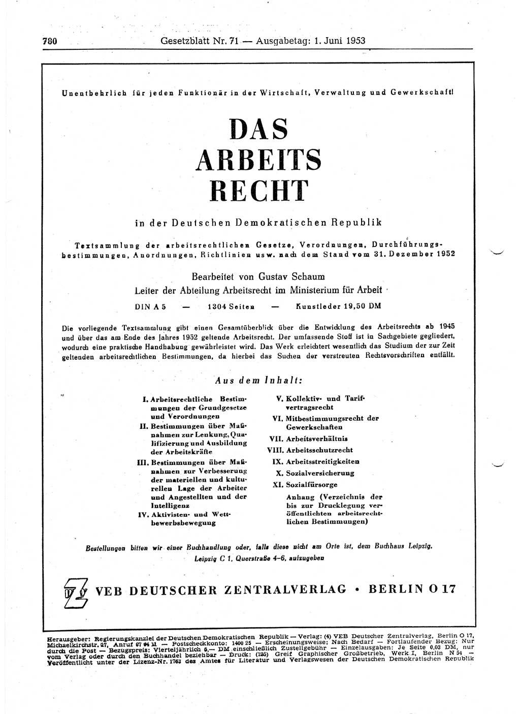 Gesetzblatt (GBl.) der Deutschen Demokratischen Republik (DDR) 1953, Seite 780 (GBl. DDR 1953, S. 780)