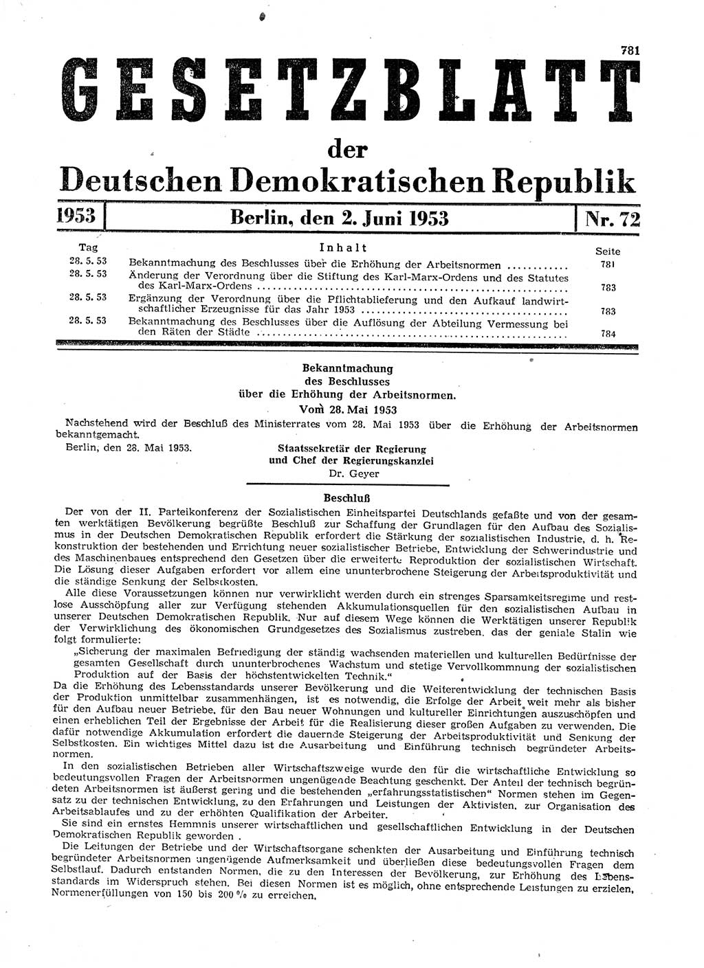 Gesetzblatt (GBl.) der Deutschen Demokratischen Republik (DDR) 1953, Seite 781 (GBl. DDR 1953, S. 781)