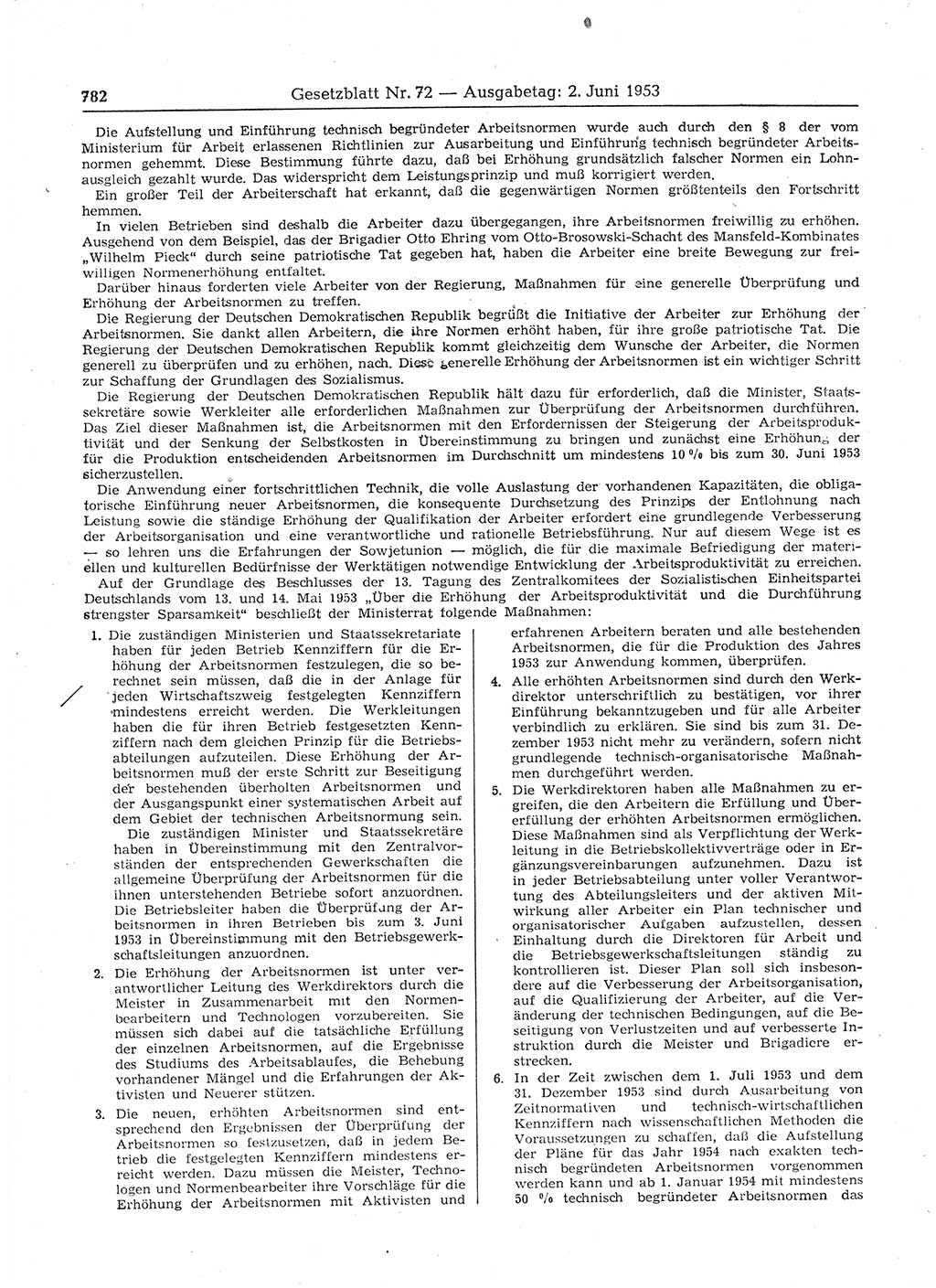 Gesetzblatt (GBl.) der Deutschen Demokratischen Republik (DDR) 1953, Seite 782 (GBl. DDR 1953, S. 782)