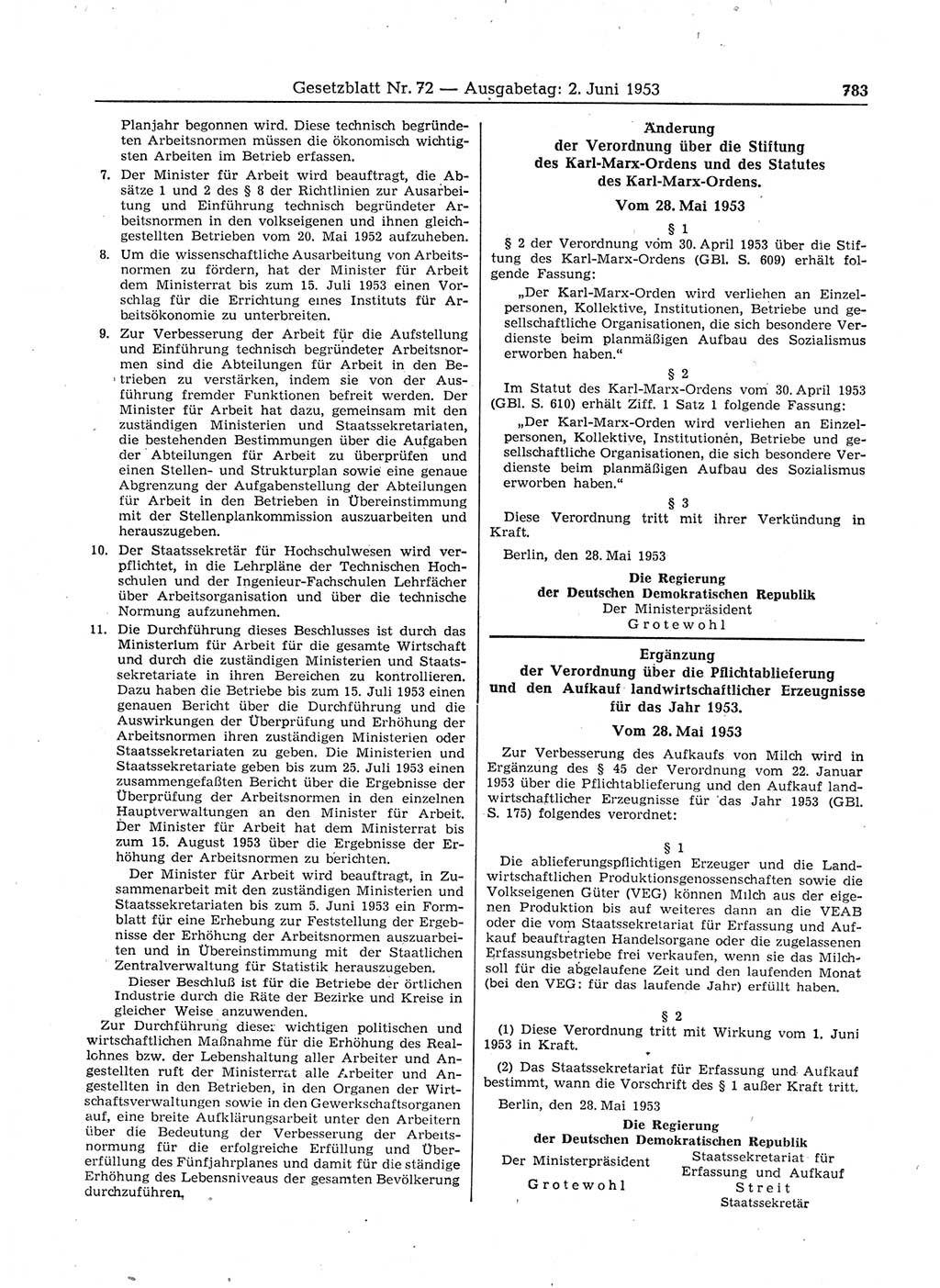 Gesetzblatt (GBl.) der Deutschen Demokratischen Republik (DDR) 1953, Seite 783 (GBl. DDR 1953, S. 783)