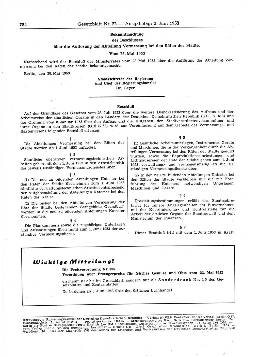 Gesetzblatt (GBl.) der Deutschen Demokratischen Republik (DDR) 1953, Seite 784 (GBl. DDR 1953, S. 784)