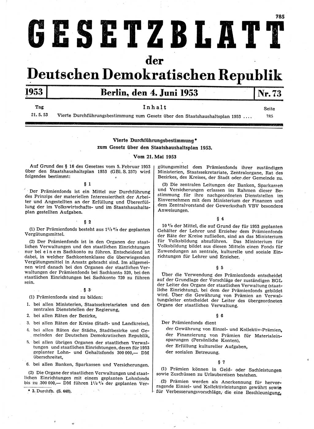 Gesetzblatt (GBl.) der Deutschen Demokratischen Republik (DDR) 1953, Seite 785 (GBl. DDR 1953, S. 785)