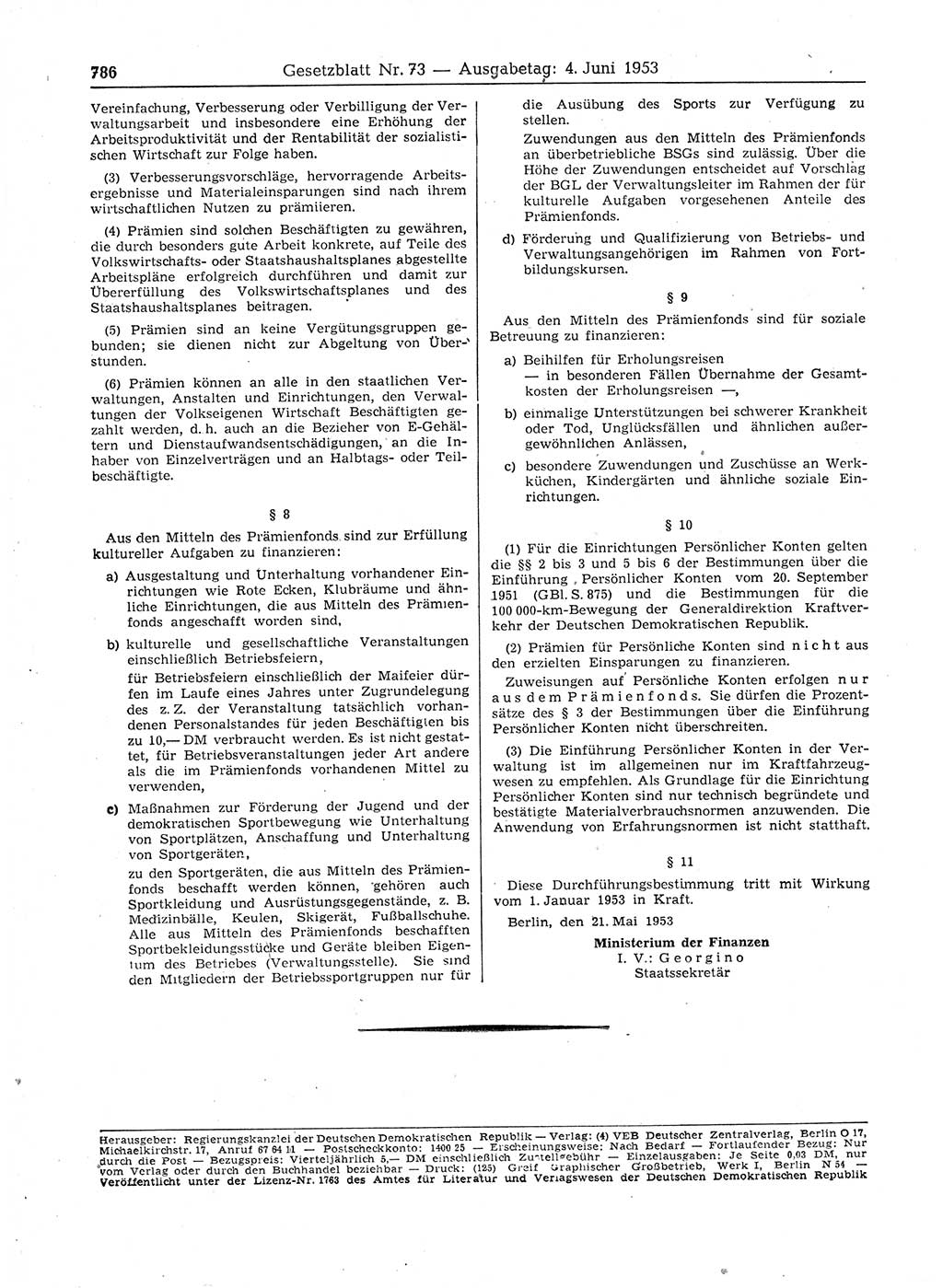 Gesetzblatt (GBl.) der Deutschen Demokratischen Republik (DDR) 1953, Seite 786 (GBl. DDR 1953, S. 786)