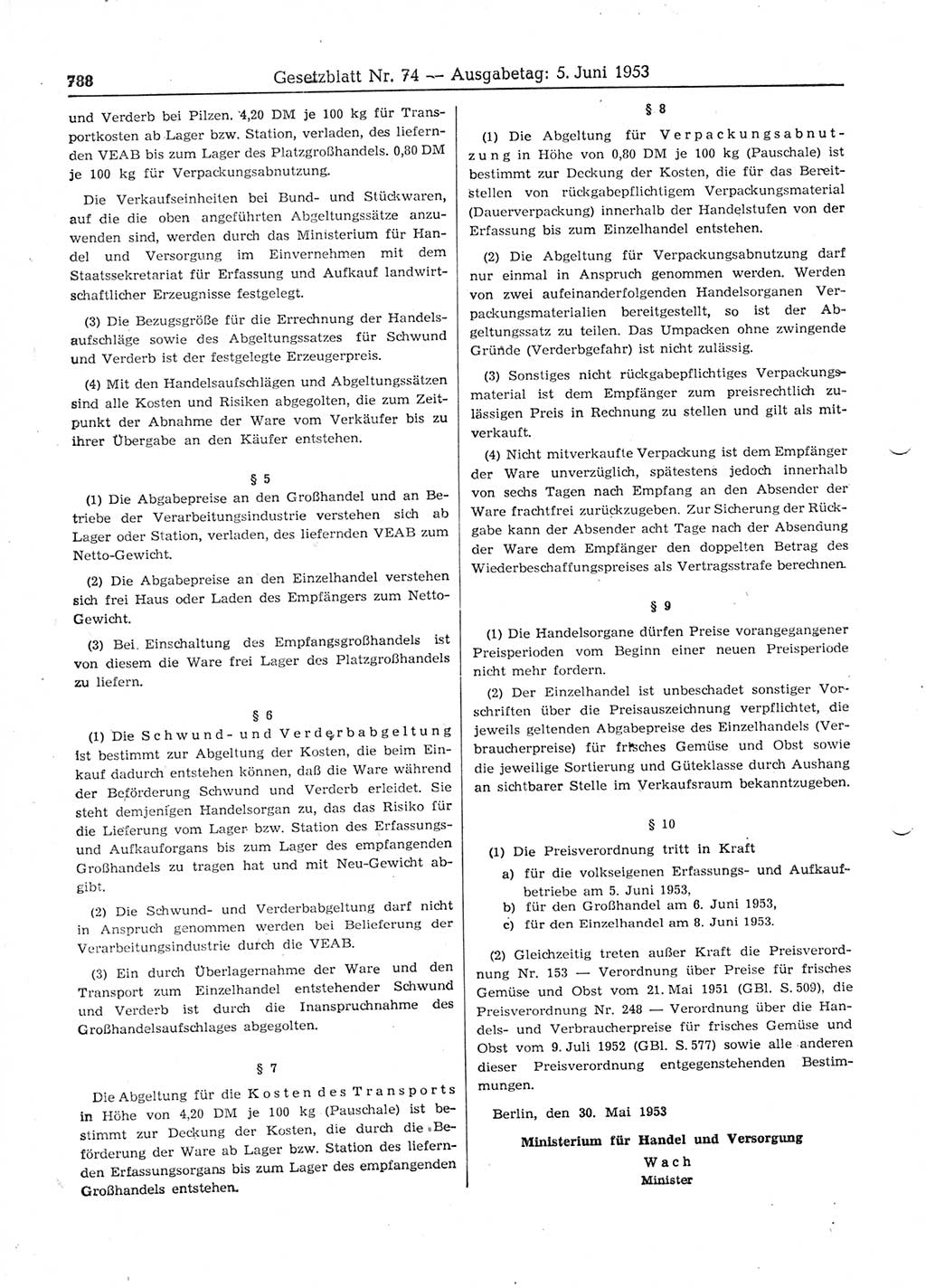 Gesetzblatt (GBl.) der Deutschen Demokratischen Republik (DDR) 1953, Seite 788 (GBl. DDR 1953, S. 788)