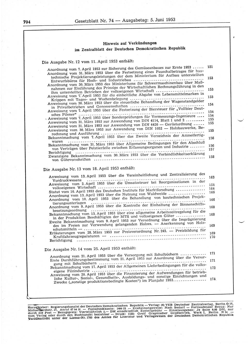 Gesetzblatt (GBl.) der Deutschen Demokratischen Republik (DDR) 1953, Seite 794 (GBl. DDR 1953, S. 794)