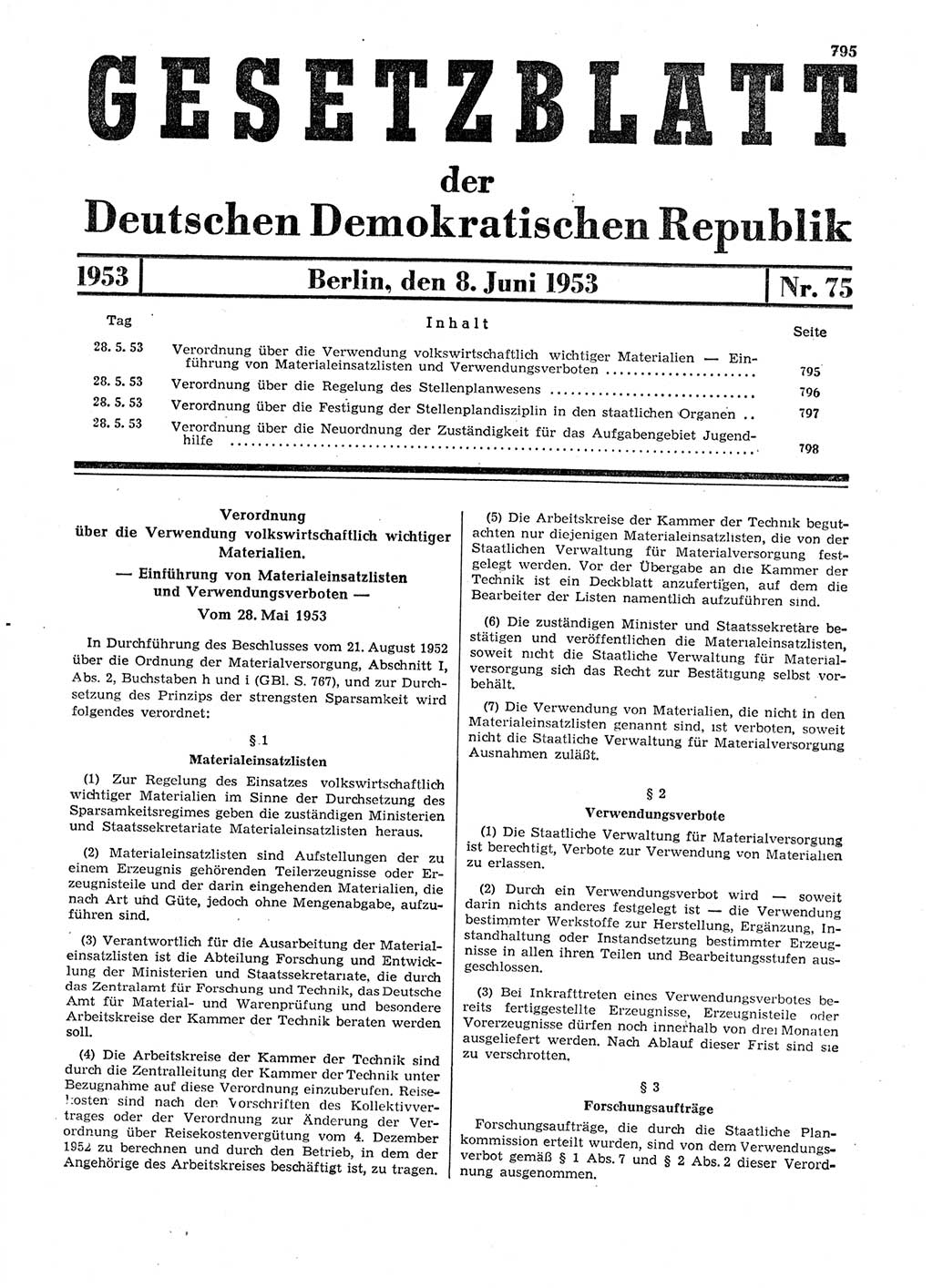 Gesetzblatt (GBl.) der Deutschen Demokratischen Republik (DDR) 1953, Seite 795 (GBl. DDR 1953, S. 795)
