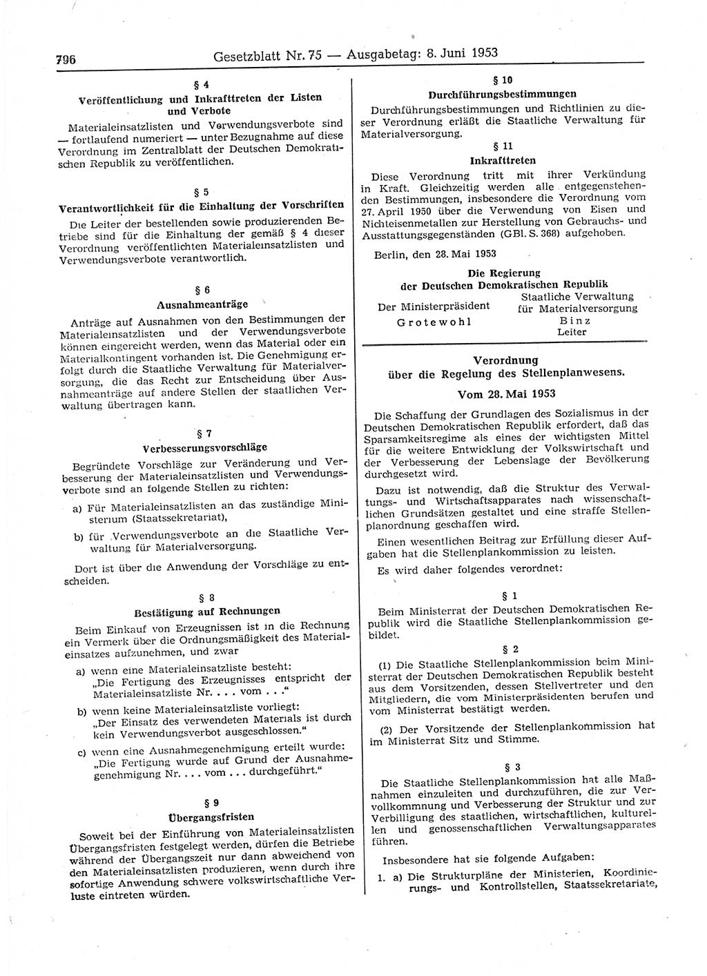 Gesetzblatt (GBl.) der Deutschen Demokratischen Republik (DDR) 1953, Seite 796 (GBl. DDR 1953, S. 796)