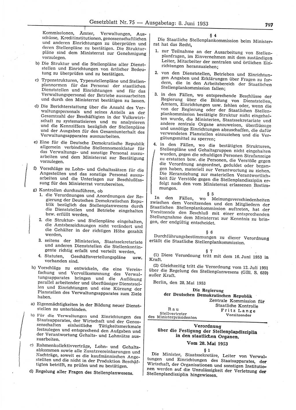 Gesetzblatt (GBl.) der Deutschen Demokratischen Republik (DDR) 1953, Seite 797 (GBl. DDR 1953, S. 797)
